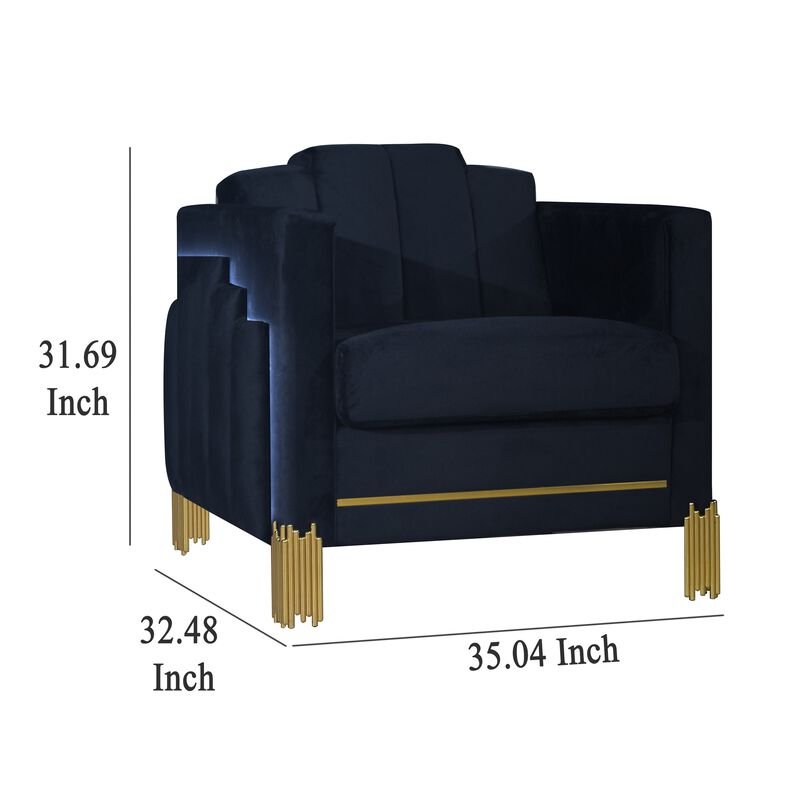 Theo Accent Chair, Black Velvet, Blue LED Lights, Gold Metal Legs - Benzara