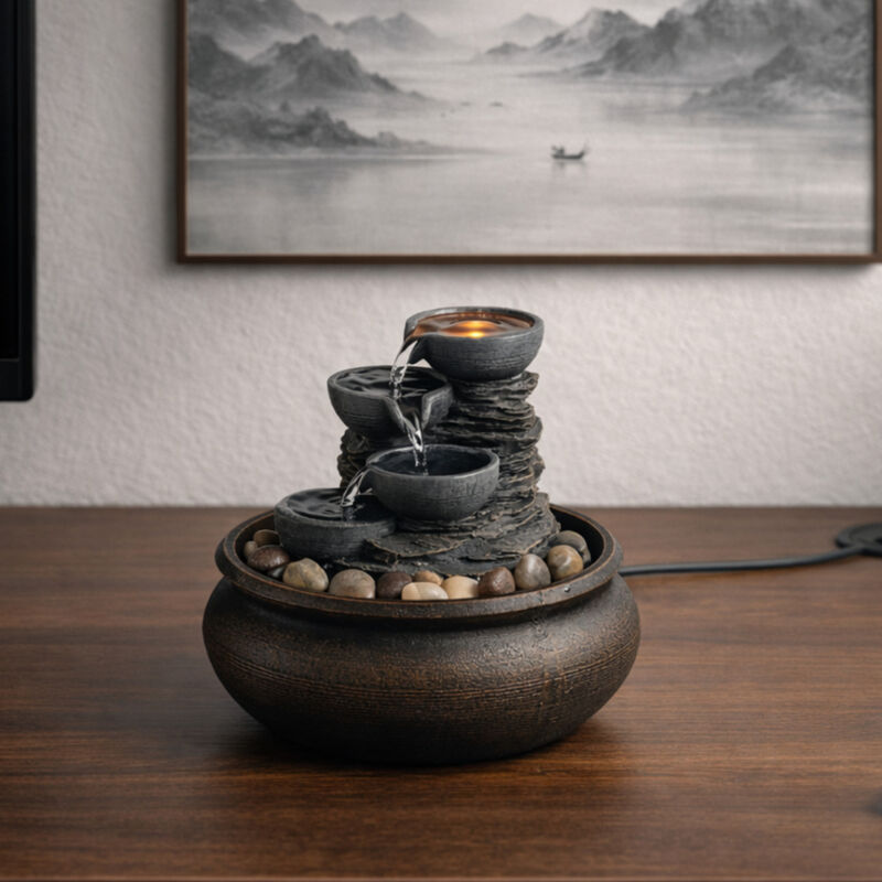 4-Tier Tabletop Water Fountain with LED Lights, Stone Gray image number 1