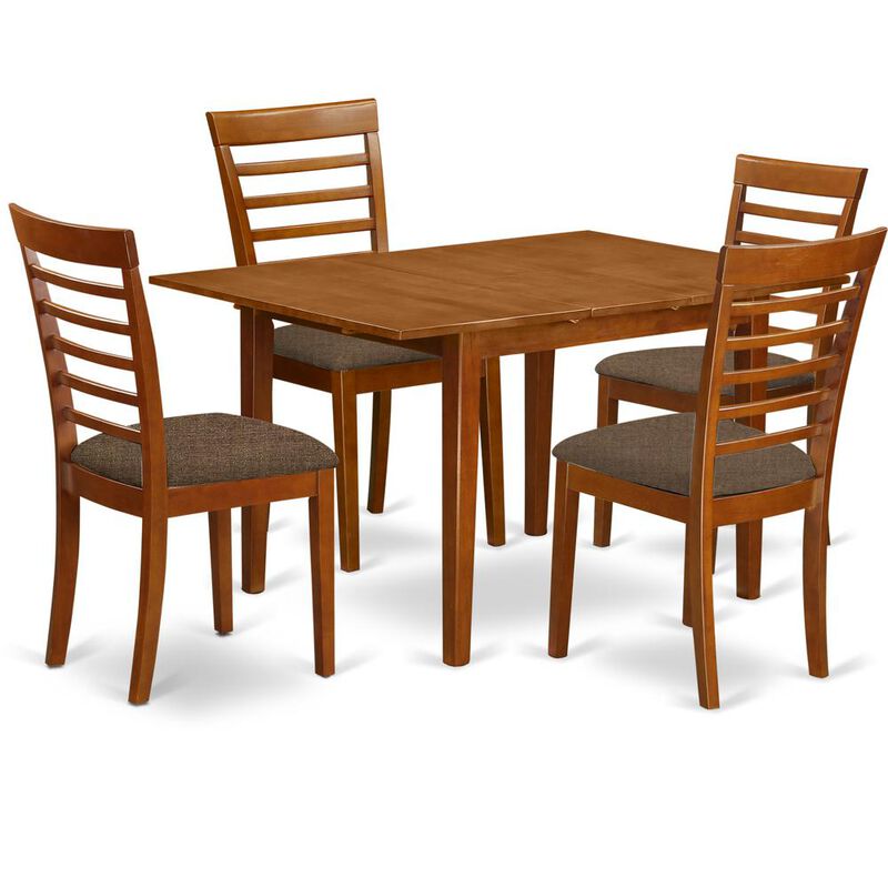 East West Furniture 5 Pc set Milan with Leaf and 4 Fabric Dinette Chairs in Saddle Brown .