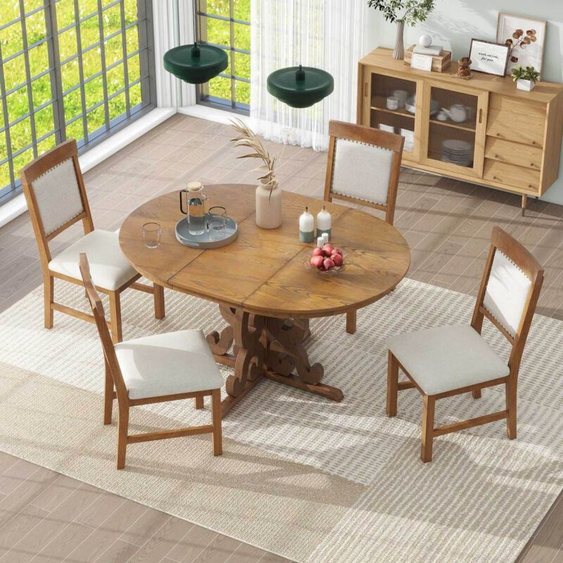 Lupoxt 5‑Piece Retro Extendable Round Pedestal Dining Set image number 2