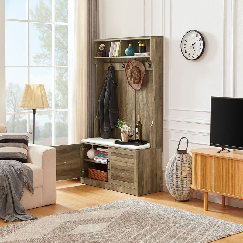 Coat Rack and Storage Shoe Cabinet with Clothes Hooks Entryway Organizer for Shoes and Outerwear