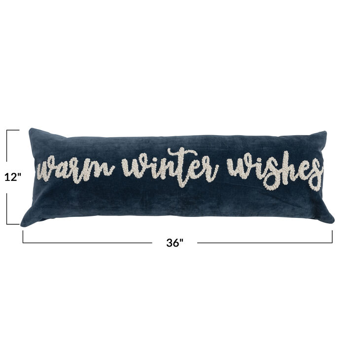 Woven Cotton Velvet Lumbar Pillow with Embroidered "Warm Winter Wishes", Navy and Cream