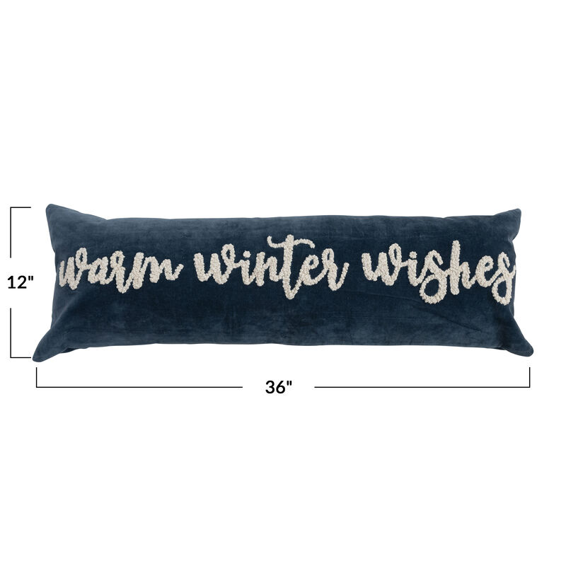 Woven Cotton Velvet Lumbar Pillow with Embroidered "Warm Winter Wishes", Navy and Cream image number 1