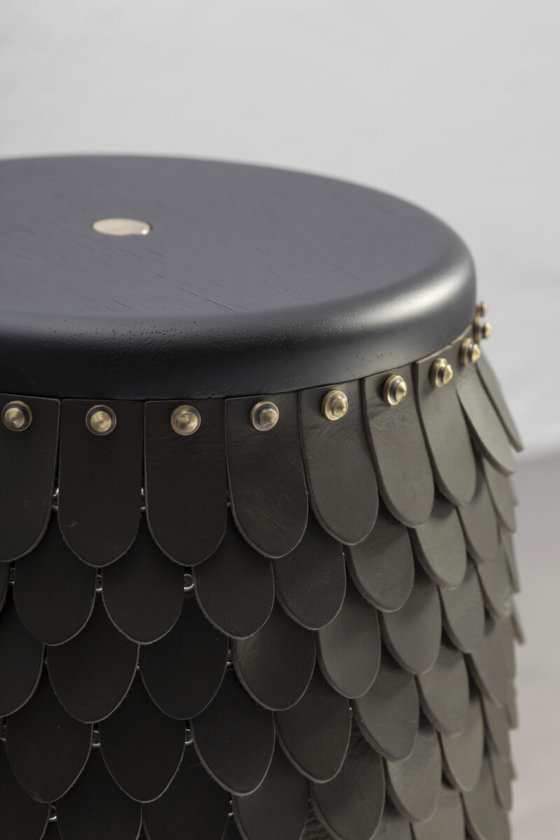 SITIERA_01 Solid Wood Stool, with Olivo Thick Leather Accents, and Aged Bronze by ANDEAN, In Stock