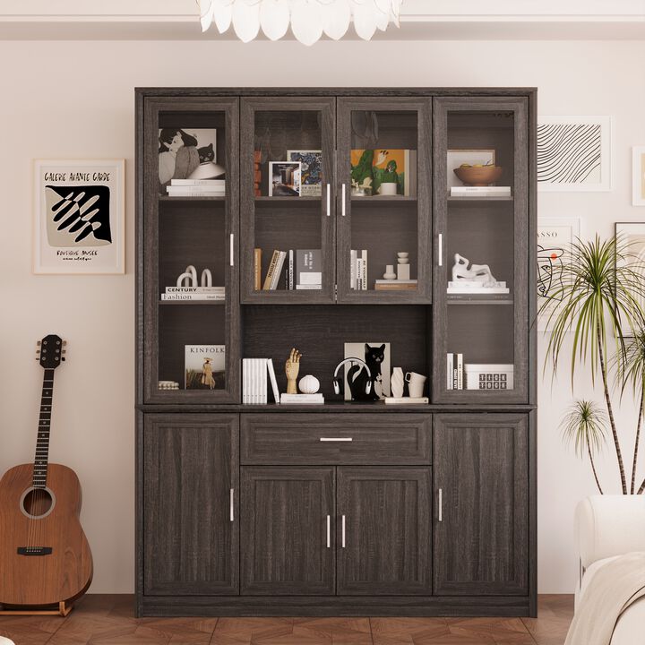 FUFU&GAGA Retro 8-Door Cabinet with a Drawer, Beveled Frame & Angled Panel Design, Glass & Wood Grain Finish, Brushed Metal Handles (60.6 in. W x 15.7 in. D x 79.9 in. H), Dark Brown