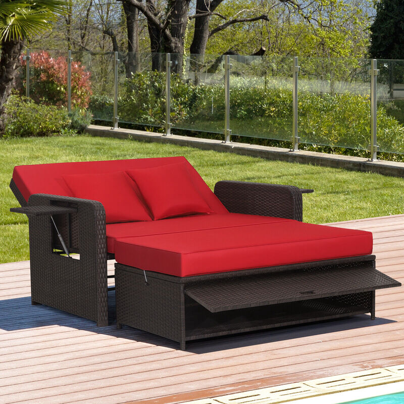 Patio Rattan Daybed with 4-Level Adjustable Backrest and Retractable Side Tray