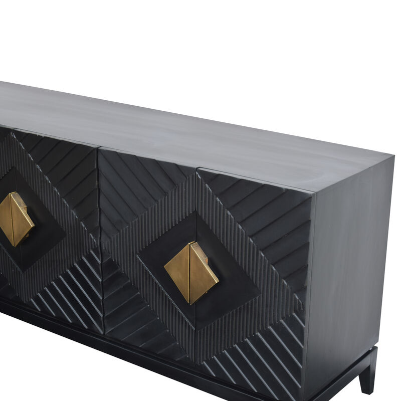 55 Inch Sideboard Buffet Console with 2 Door Cabinet, Brass Coated Diamond Cut Handles, Matte Black Mango Wood - Benzara
