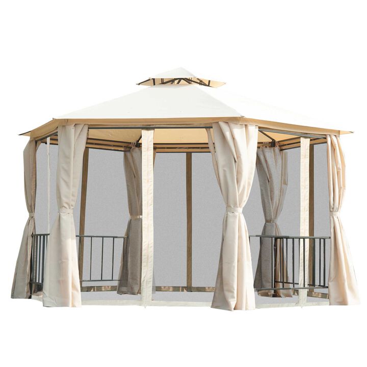 Outsunny 13' x 13' Patio Gazebo, Double Roof Hexagon Outdoor Gazebo Canopy Shelterwith Netting & Curtains, Solid Steel Frame for Garden, Lawn, Backyard and Deck, Beige
