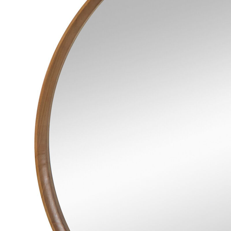 Roe 40 Inch Round Accent Mirror, Brown Pine Wood Frame, Wall Hung - Benzara