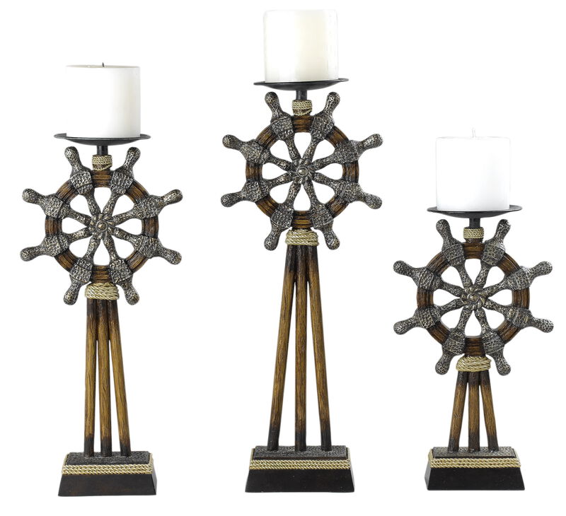 Capi 3pc Candle Holder Set w Candles, Bronze Wheel Shape, Solid Base - Benzara