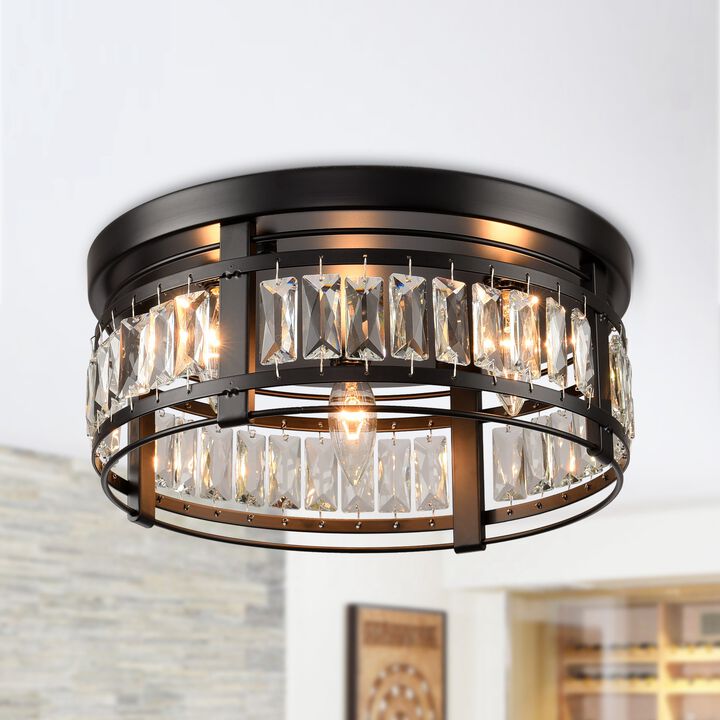 13.3" Modern Black 3-Light Crystal Hallway Flush Mount Chandelier
