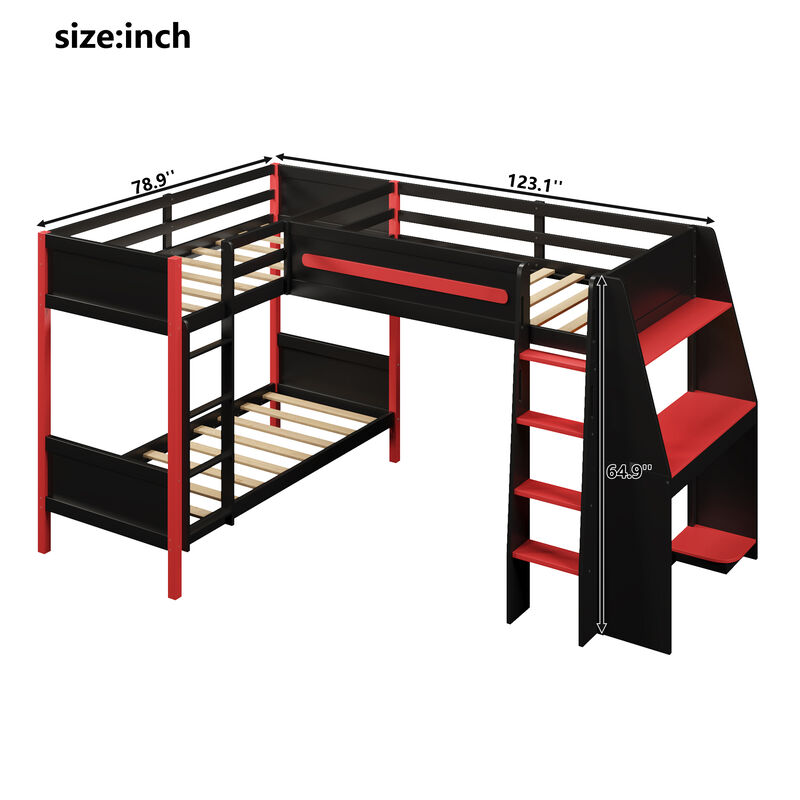 Merax Black & Red L-Shaped Twin Bunk Bed with Gaming Loft Desk, Storage Shelves & LED Light Strip image number 4