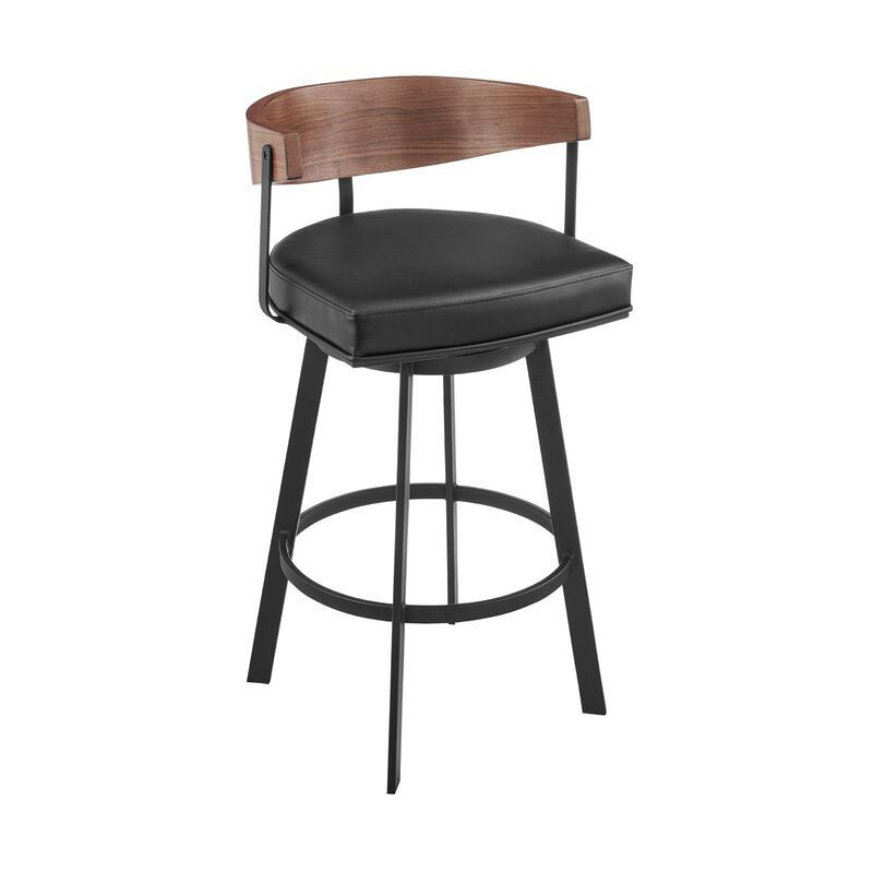 Lacey Swivel Counter or Bar Stool in Black Iron with Wood and Faux Leather