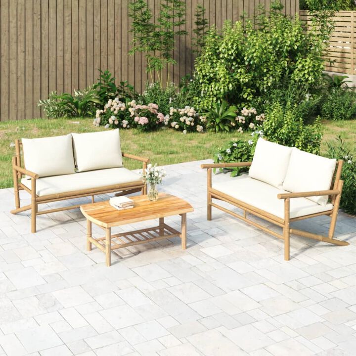 vidaXL Bamboo Patio Bench with Cream White Cushions - Lightweight and Movable Outdoor Garden Seat with Natural Finish and Comfortable Backrest