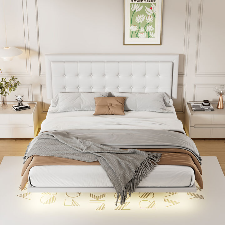 Queen Size Floating Bed Frame with Motion Activated Night Lights, Modern PU Upholstered Button Tufted Platform Bed Frame, White