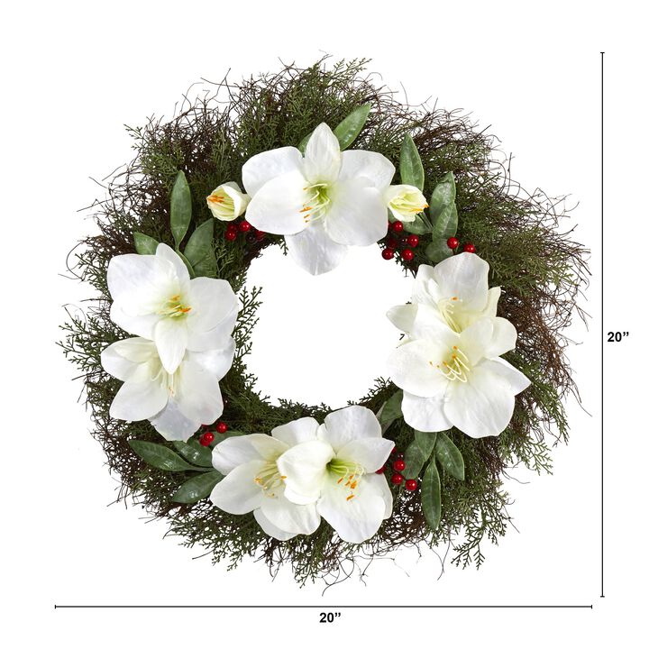 HomPlanti 20" Cedar, Amaryllis and Ruscus with Berries Artificial Wreath
