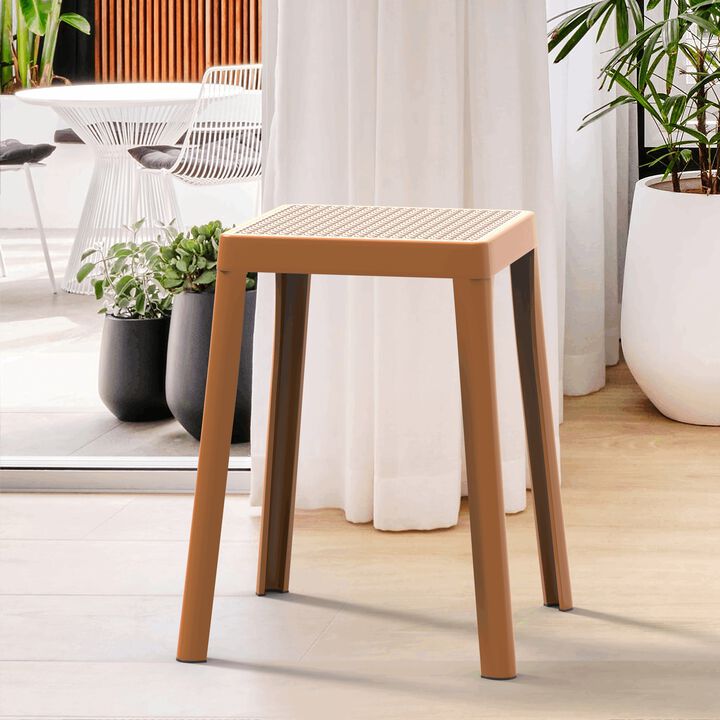LeisureMod Tresse Stackable Square Dining Stool with Wicker Top, Lightweight Durable Design for Kitchen, Garden, Balcony, Cafe, Deck, or Terrace Use, Set of 2