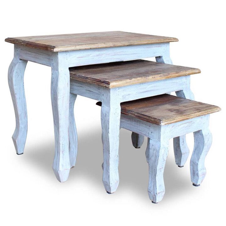 3pc Nesting End Table Set, Light Blue Turned Legs Brown Reclaimed Wood