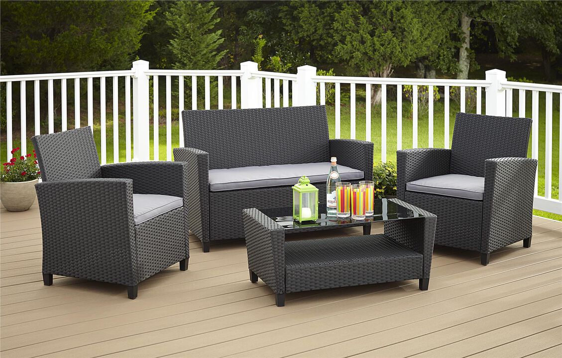 COSCO Outdoor 4 Piece Conversation Set, No Tools Assembly, Gray Cushions, Black Resin Wicker