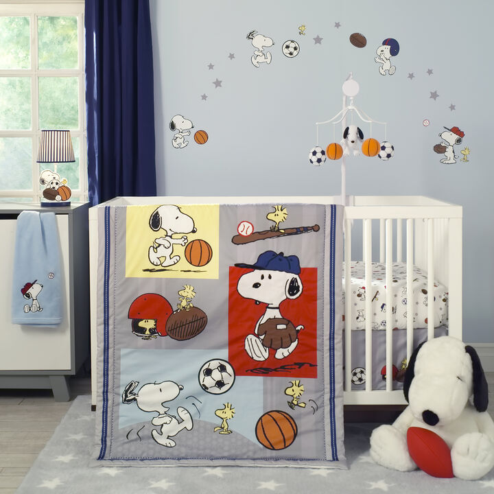 Bedtime Originals Snoopy Sports 3-Piece Crib Bedding Set - Blue, Red, Gray