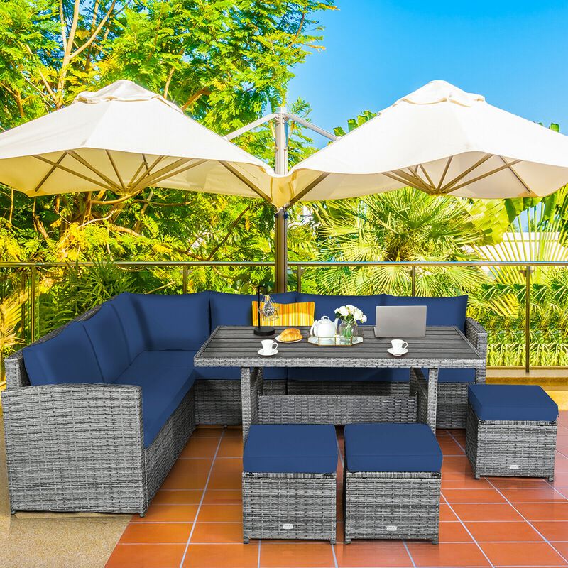 7 Pieces Patio Rattan Dining Furniture Sectional Sofa Set with Wicker Ottoman image number 1