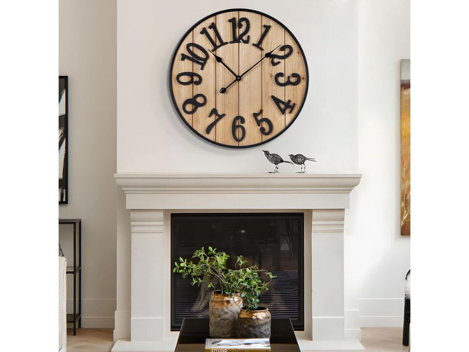 Large 16 Inch Wall Clock Silent Metal Wood Battery Operated Farmhouse Decor