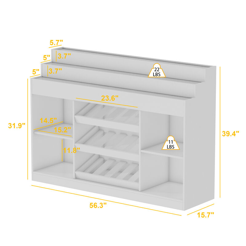 FUFU&GAGA Modern Stepped-Top Wine Cabinet with Tilted Bottle Rack, Wave Light Effect with Adjustable Brightness, 4mm Tempered Glass, (56.3 in. W x 15.7 in. D x 39.4 in. H), White
