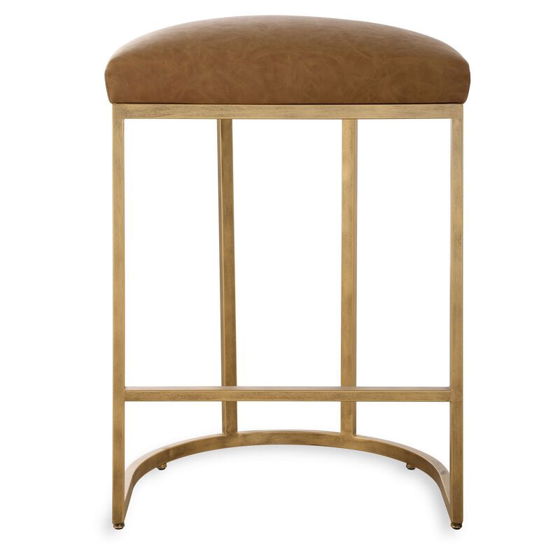 Gyn Counter Height Stool, Brown Faux Leather, D Seat, Gold Cantilever Base