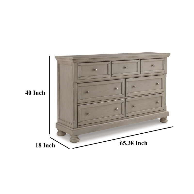 Ryno Wide Dresser, 7 Drawers, Pull Out Tray, Silver Round Knobs, Gray - Benzara