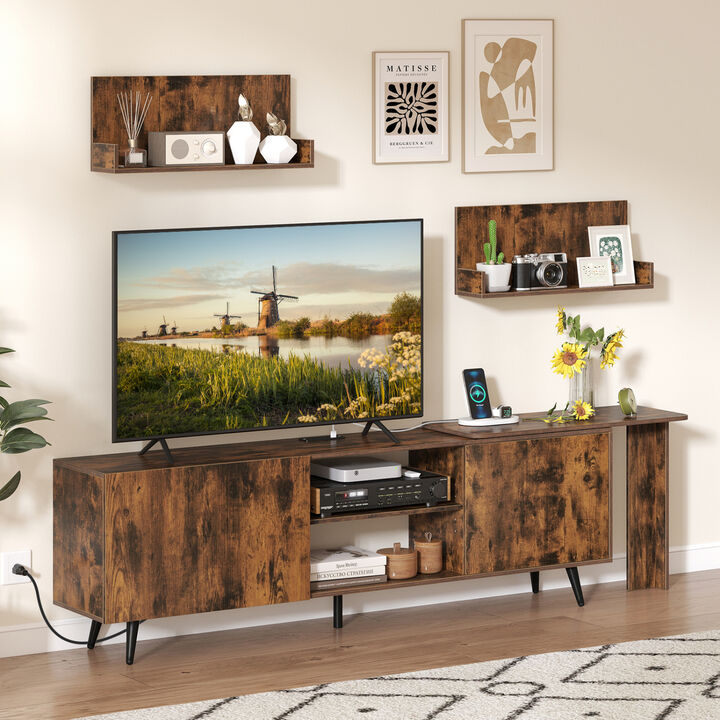 Modern TV Stand with 2 Wall Shelves and Charging Station Outlet
