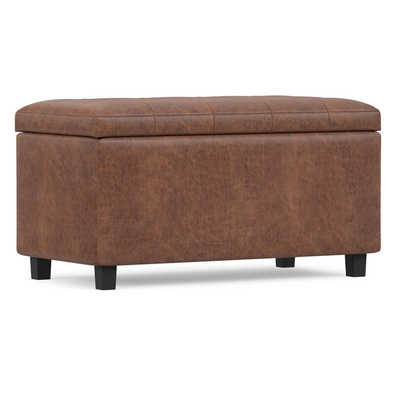 Cosmopolitan 34 inch Wide Transitional Rectangle Storage Ottoman in Distressed Saddle Brown Vegan Faux Leather, Assembled image number 7