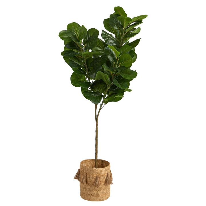 Nearly Natural 6-ft Fiddle Leaf Fig Tree in Natural Jute Planter w/Tassels