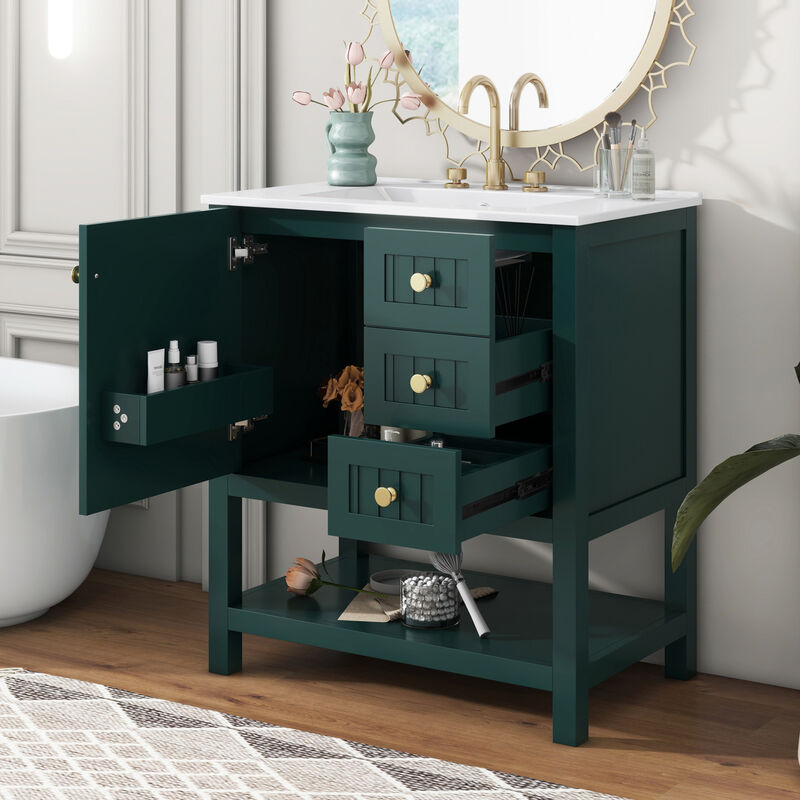 Whisen 30 in. Bathroom Storage Cabinet Bathroom Vanity with Ceramic Sink and 3 Drawers