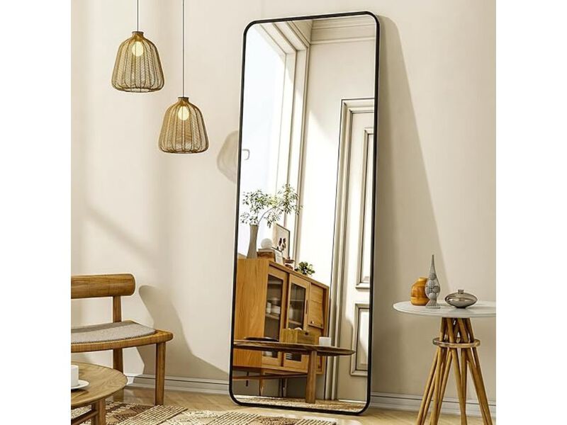 Full Length Floor Mirror 56x21 Inch Black Rounded Corner Standing Wall Mirror image number 1