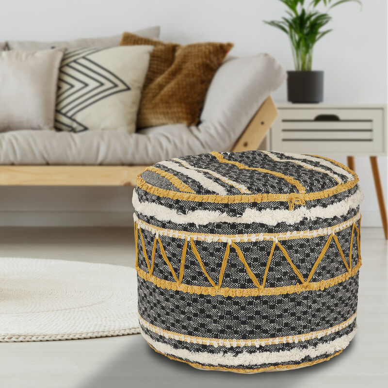 Hivvago 18 Inch Black Cotton Cylinder Striped Pouf Ottoman