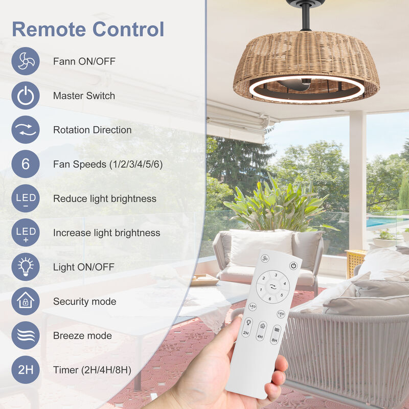 Breezary 20" LED Caged Ceiling Fan with Light, Rattan Fandelier, 6 Speed Remote, Dimmable, 3 Blades image number 3