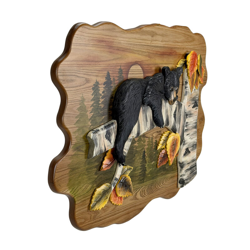Bear Cub in Birch Forest Wood Wall Sculpture 24x34.5 Glossy Brown Indoor Decor image number 1