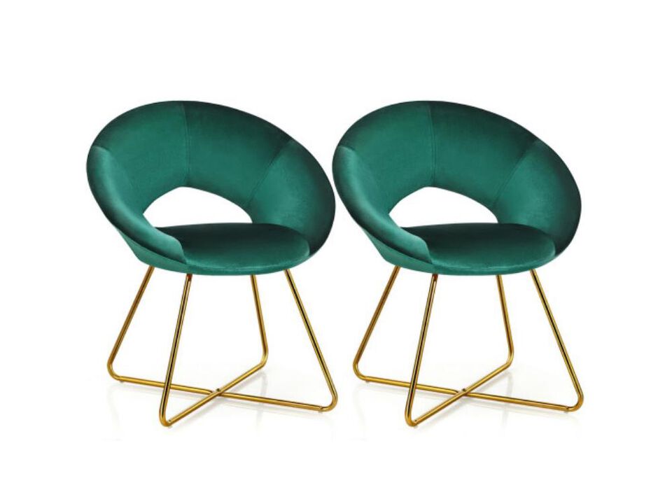 Set of 2 Accent Velvet Chairs Dining Chairs Arm Chair with Golden Legs Dark Green