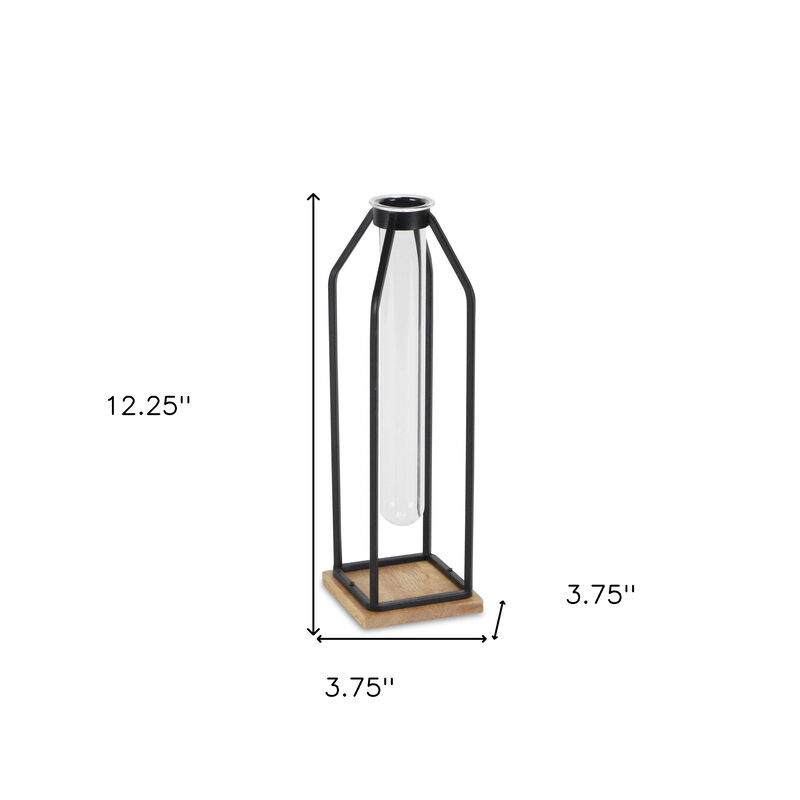 HomeRoots 12" Black Clear And Natural Metal Glass And Wood Posy Test Tube Table Vase image number 4