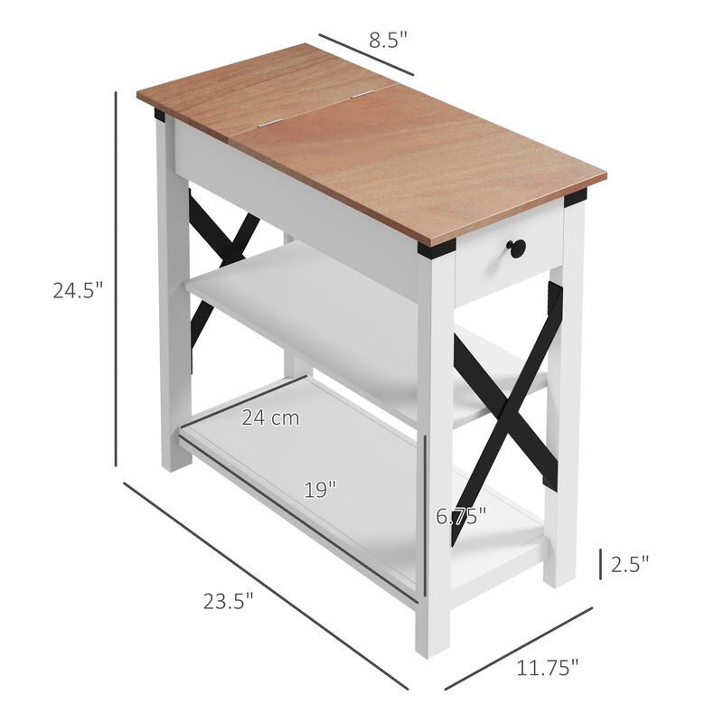 End Side Table with Charging Station, 2 USB Ports and 1 Outlet for Living Room, Bedroom, 11.75" x 23.5" x 24.5", White