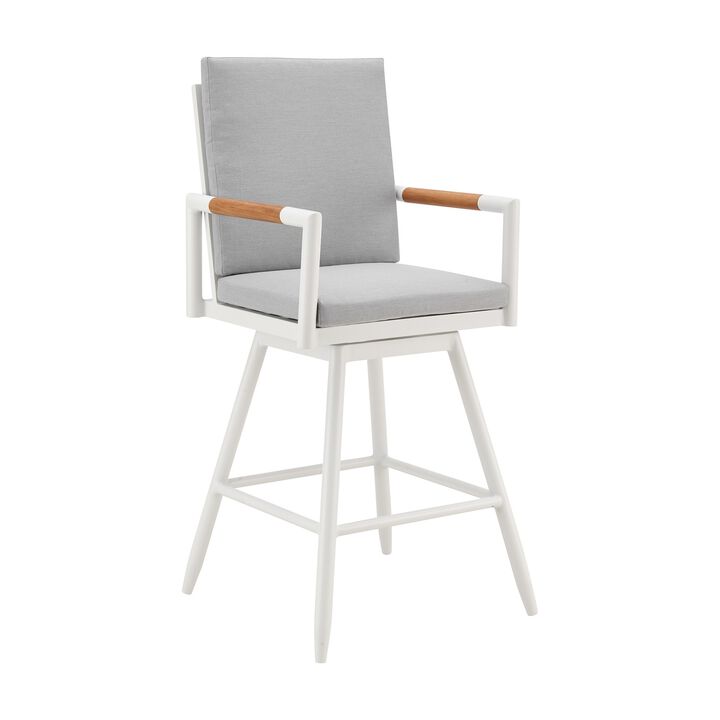 Razi 30 Inch Outdoor Swivel Barstool Chair, White Aluminum, Gray Cushions - Benzara