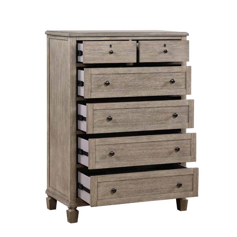 Cely Tall Dresser Chest, 6 Drawers, Gray Oak Wood, Nickel Tone Knobs  - Benzara