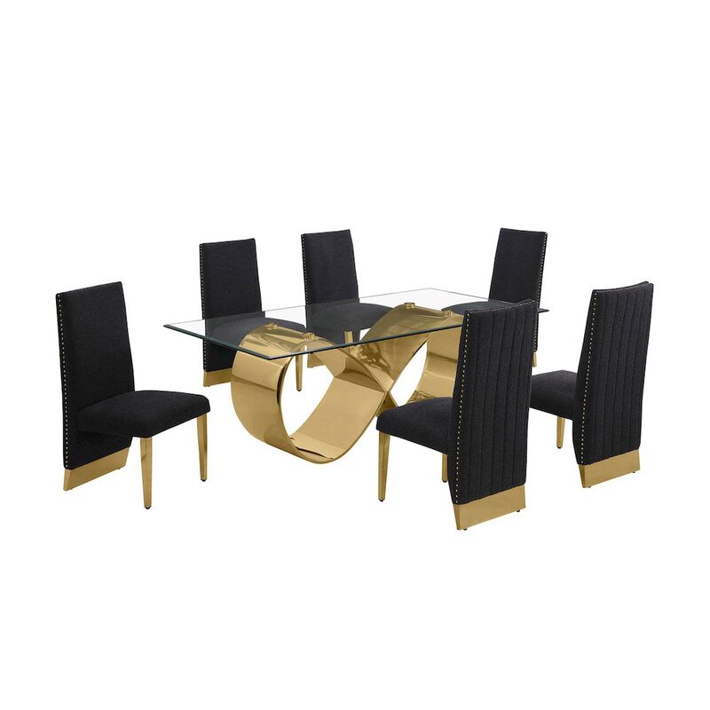 Best Quality Furniture 7Pc Tempered Glass Dining Set With 6 Black Boucle Side Chairs And A Gold Base