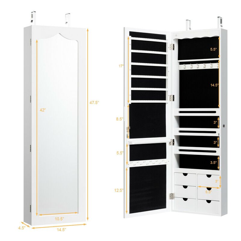 5 LEDs Lockable Mirror Jewelry Cabinet Armoire with 6 Drawers