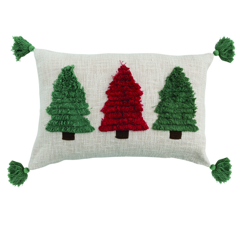 Slub Lumbar Pillow with Embroidered Fringe Trees and Tassels, Natural, Green and Red image number 0