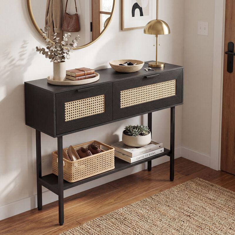 Rattan Entryway Console Table with Storage Cabinets Shelf and Metal Frame image number 5