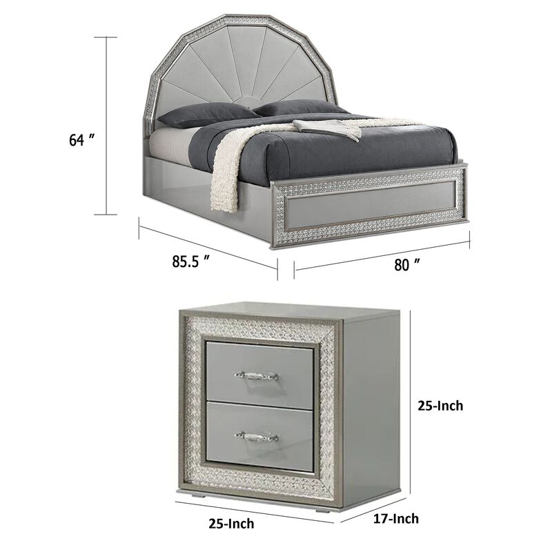 3pc King Bedroom Set, Metallic Gray, Silver Wood, 2 Nightstands image number 7