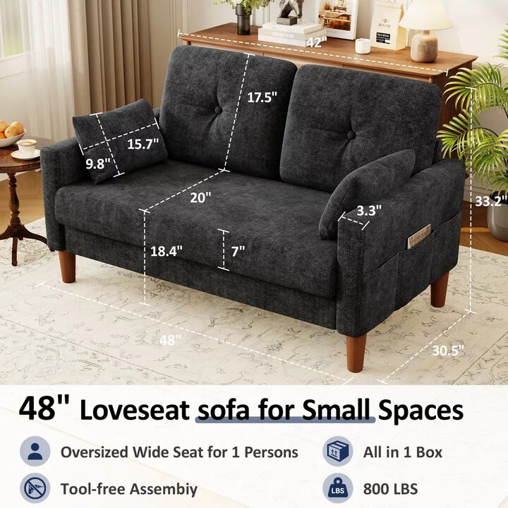 Vipbear 48" Chenille Loveseat Sofa for Small Spaces &ndash; 2-Seater Couch with Deep Seat, Side Pocket