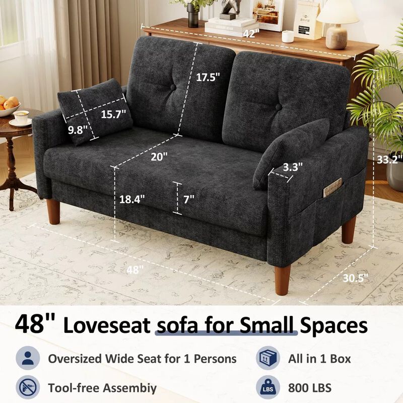 Vipbear 48" Chenille Loveseat Sofa for Small Spaces &ndash; 2-Seater Couch with Deep Seat, Side Pocket image number 1