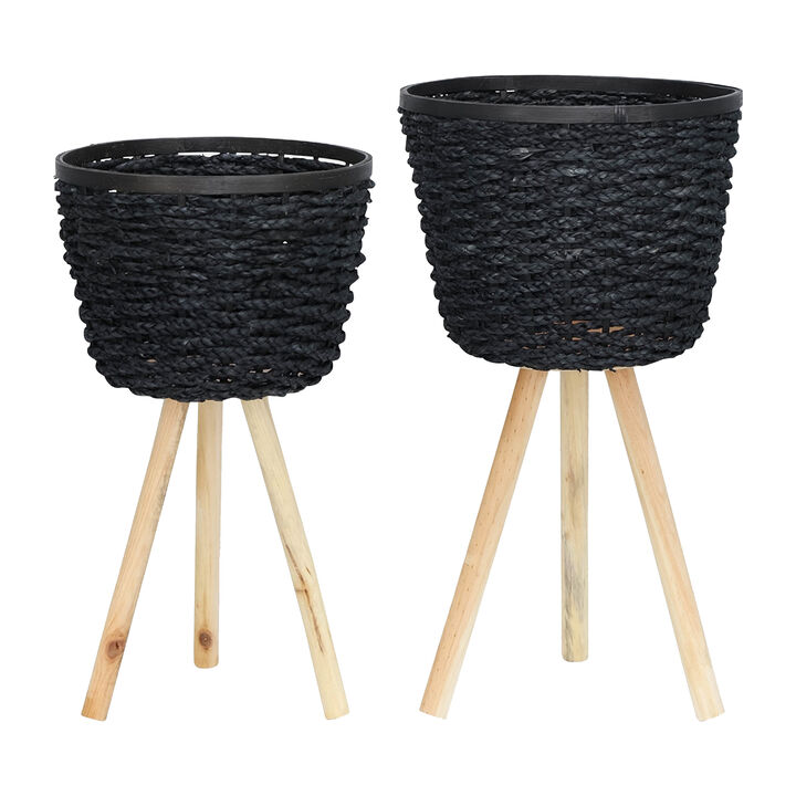 23 Inch Planters, Set of 2, Tri Flared Wood Legs, Black Rope Woven Pots  - Benzara